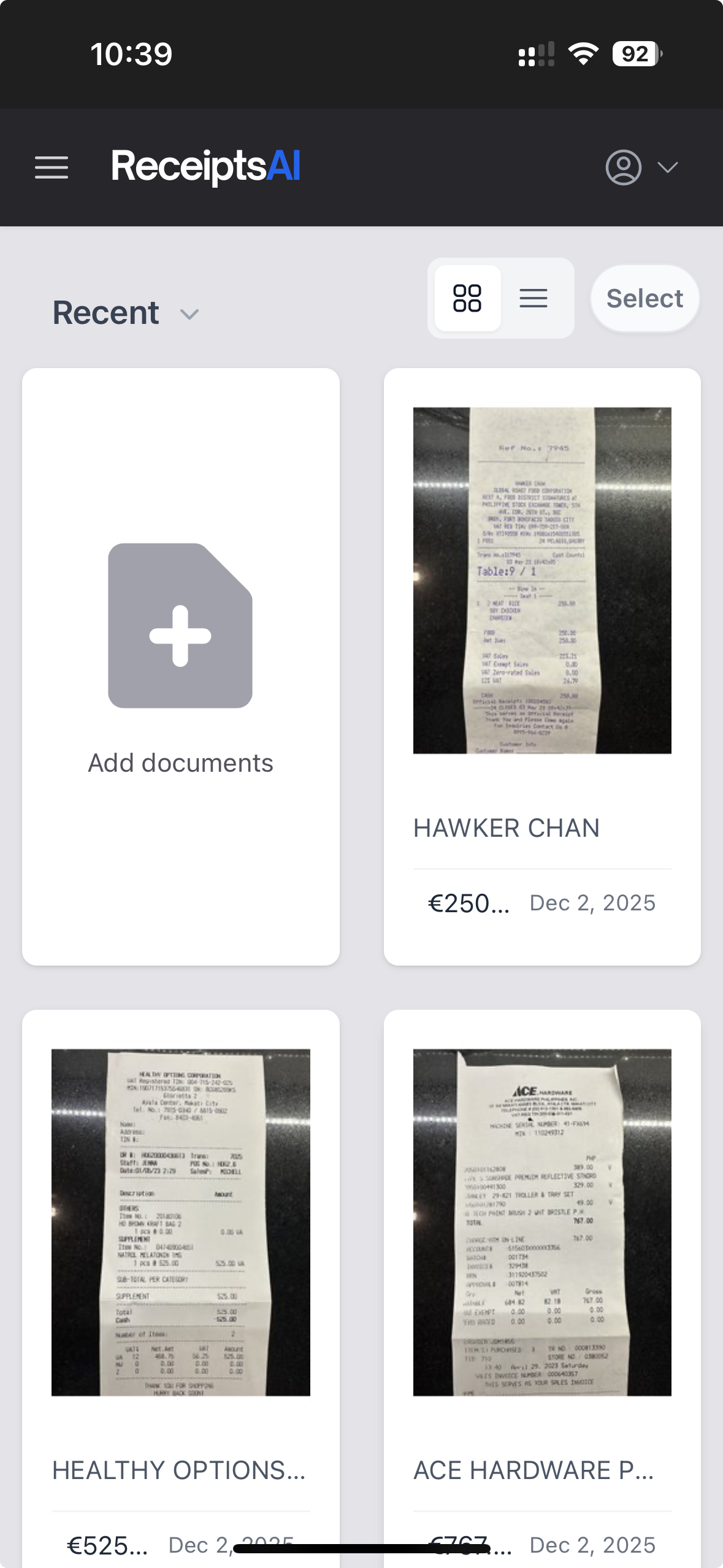 ReceiptsAI mobile app. Upload and process documents while on the road or at the office.