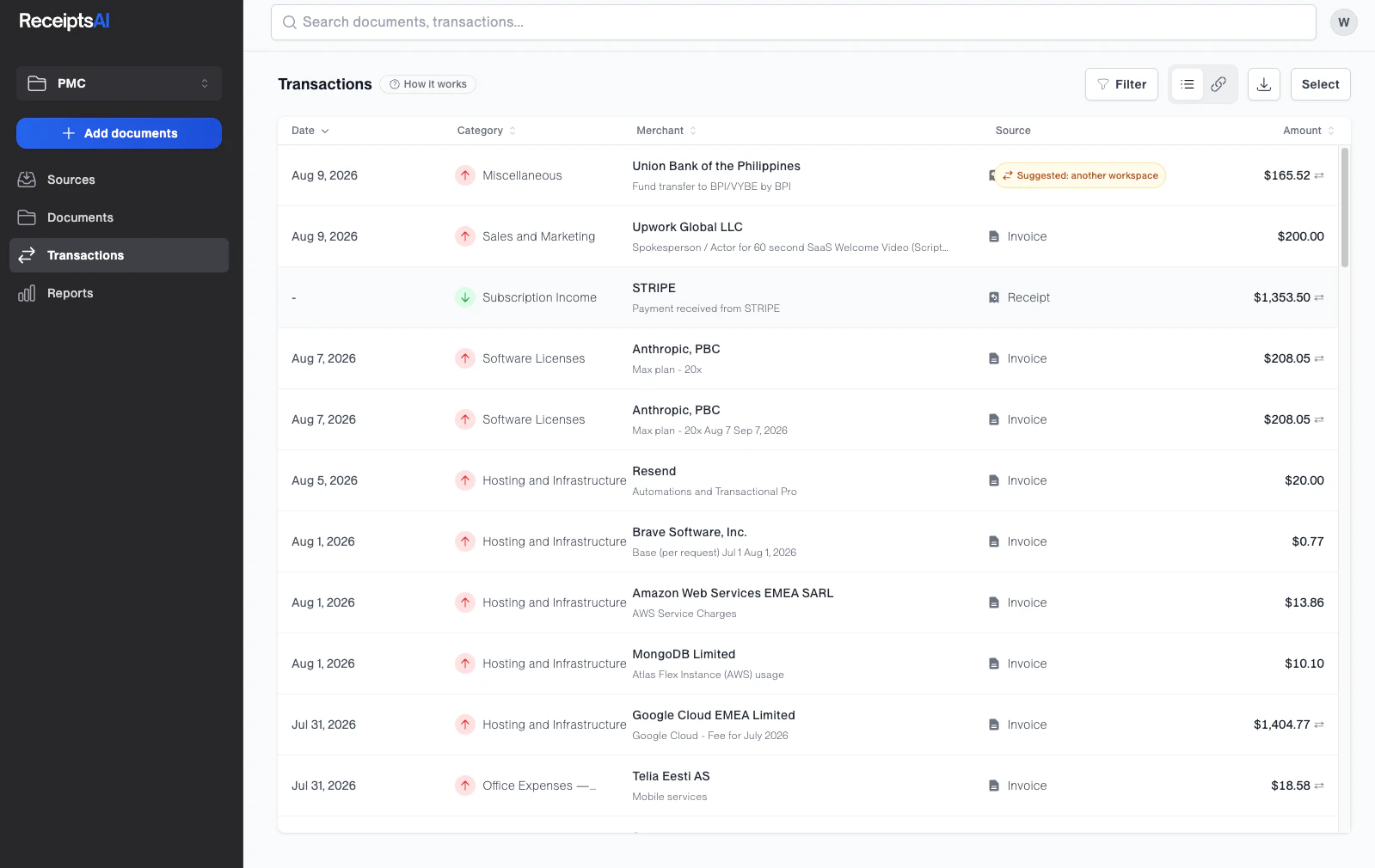 ReceiptsAI dashboard
