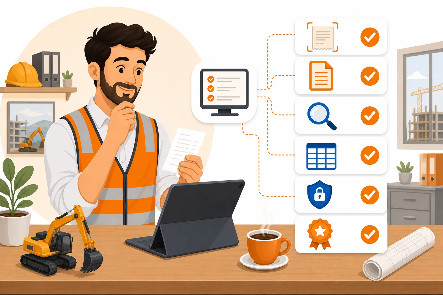 Contractor comparing expense software features including extraction, categorization, export, and security