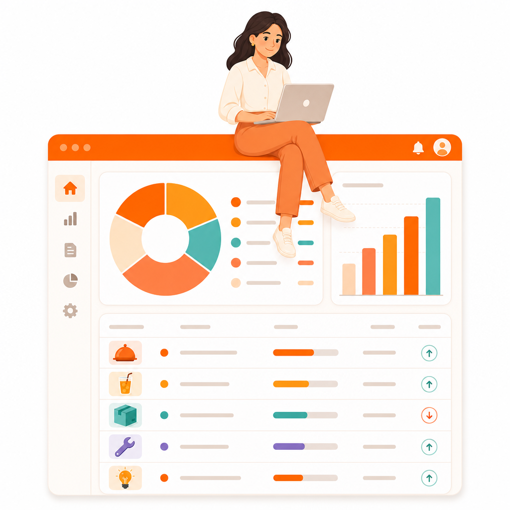 Illustrated expense analytics dashboard with charts and categorized restaurant spend