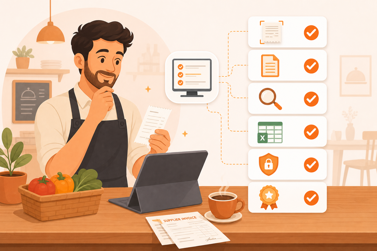 Restaurant owner comparing receipt scanning software features including extraction, search, export, and security