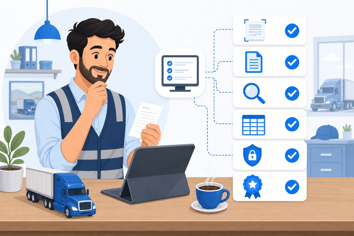 Owner-operator comparing trucking expense software features including extraction, categorization, export, and security