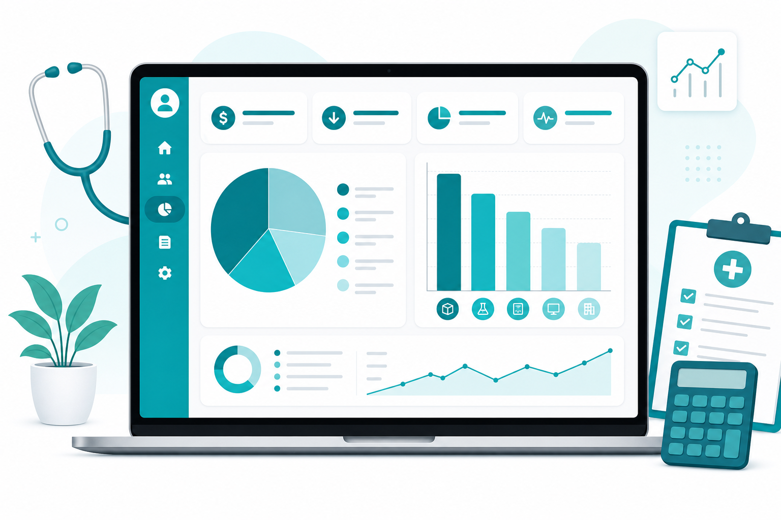 Illustrated expense analytics dashboard with charts and categorized clinic spend