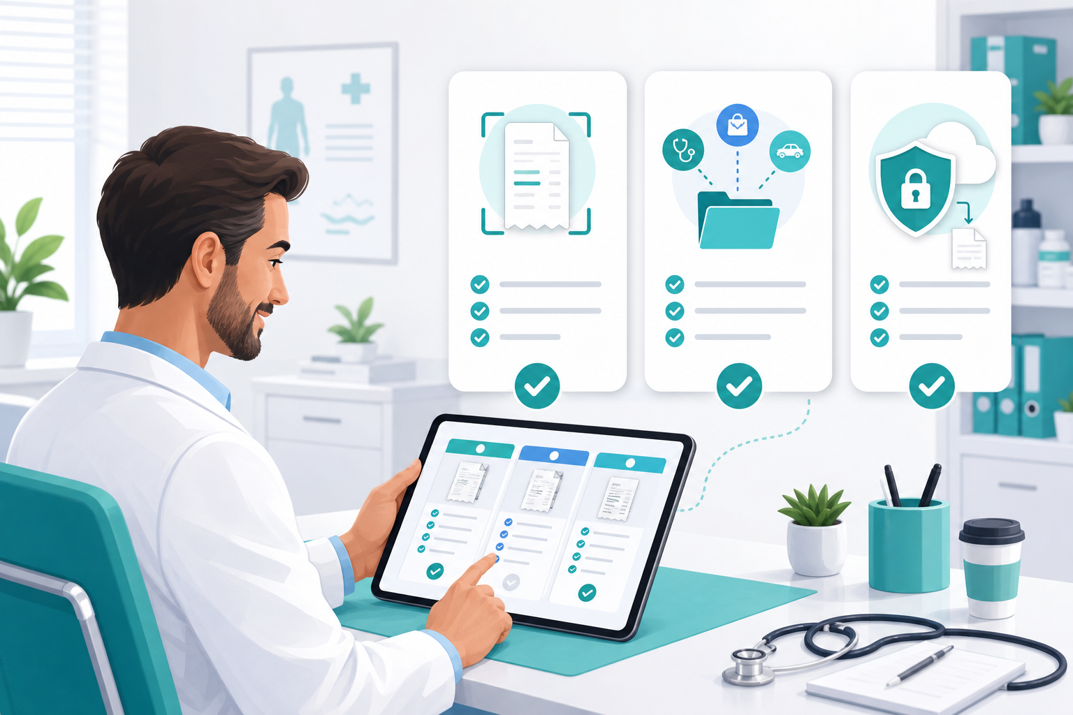 Clinic owner comparing receipt scanning software features including extraction, categorization, export, and security